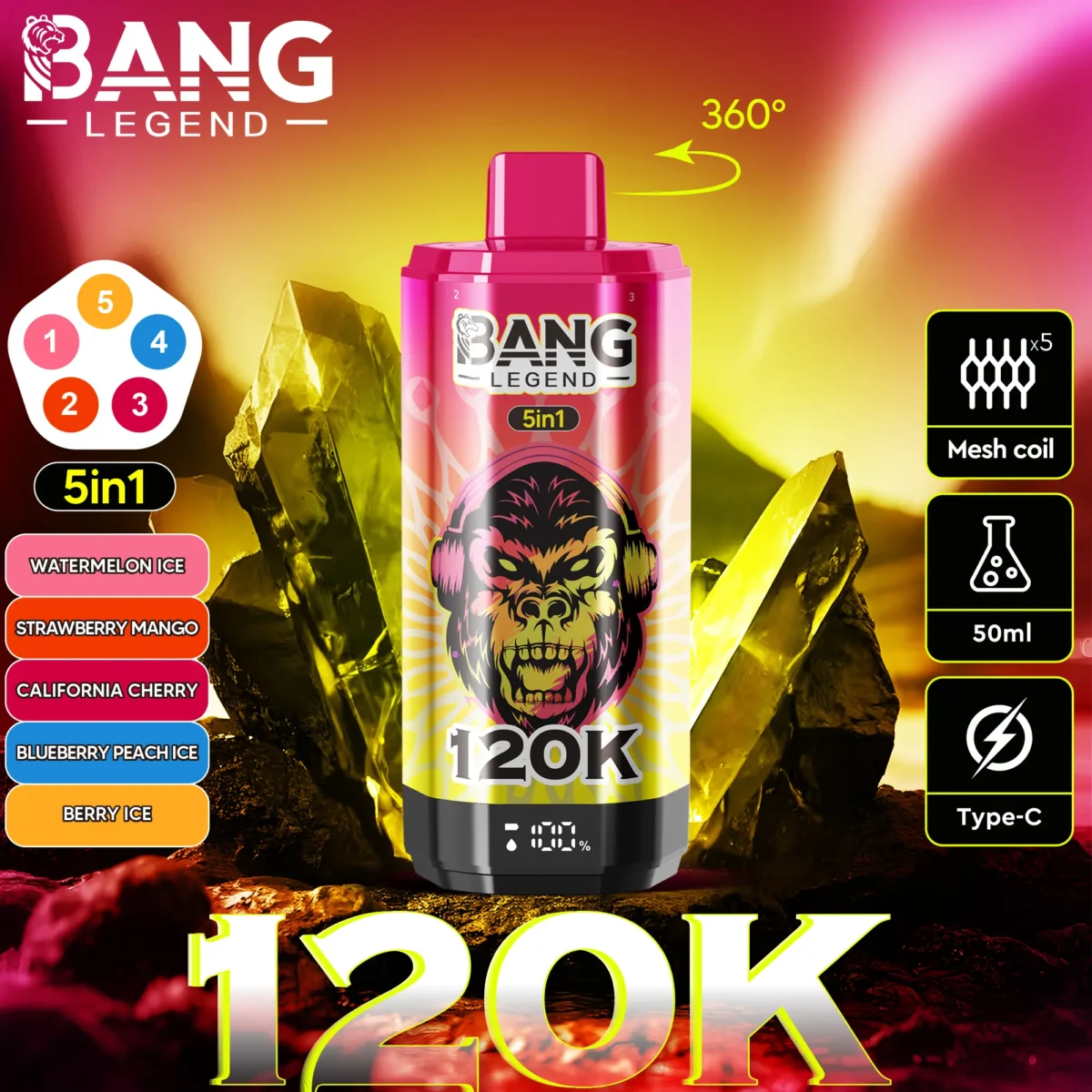 Bang Legend 120K Puffs 5 IN 1 - jednorazový vape s 5 chuťami